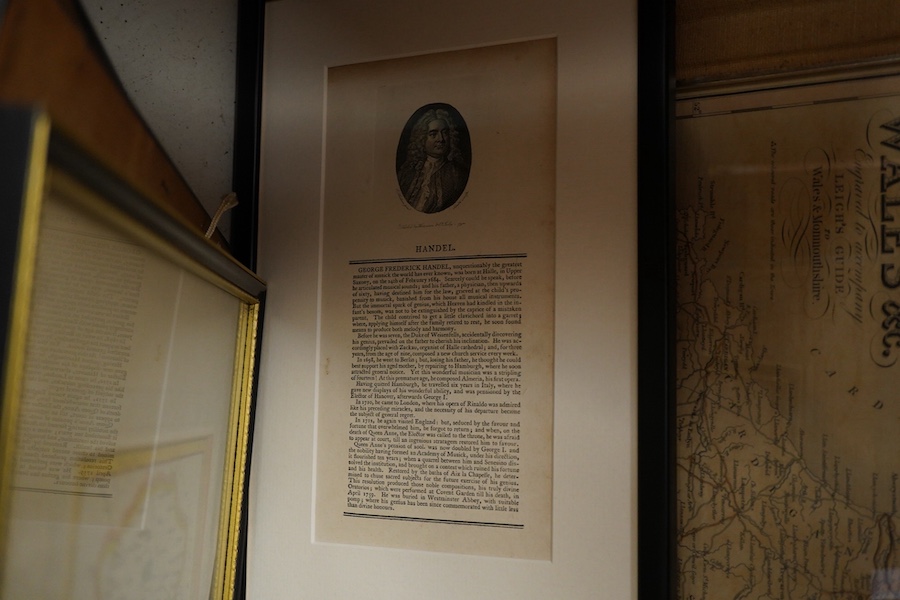 Five 19th century and later maps to include Kent and Northumberland and an 18th century bookplate, Handel, published 1794